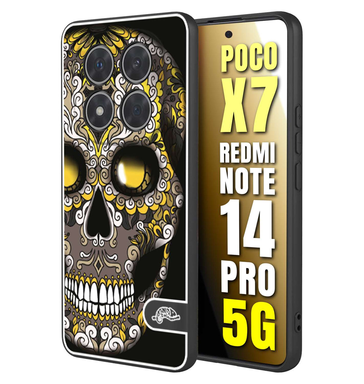 CUSTOMIZZA - Custodia cover nera morbida in tpu compatibile per Xiaomi Redmi Note 14 PRO 5G teschio messicano Mexican skull nero giallo