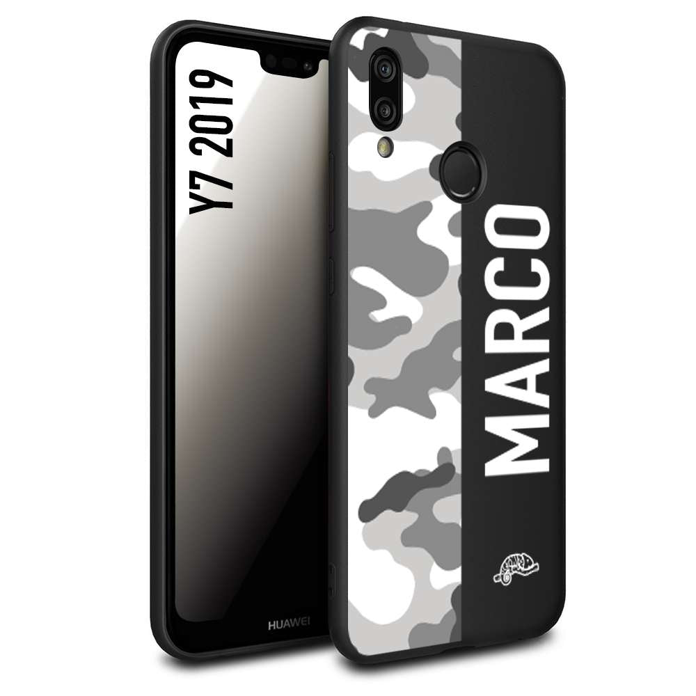 CUSTOMIZZA - Custodia cover nera morbida in tpu compatibile per Huawei Y7 2019 camouflage mimetico militare personalizzata nome bianco