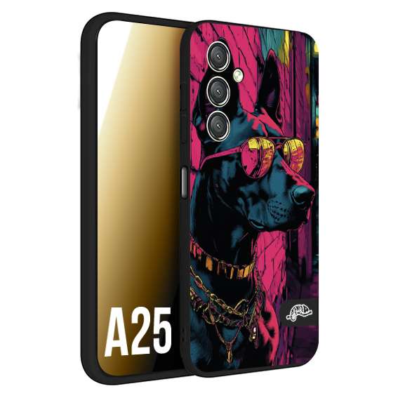 CUSTOMIZZA - Custodia cover nera morbida in tpu compatibile per Samsung A25 animali cyberpunk dobermann cane street dog fucsia blu