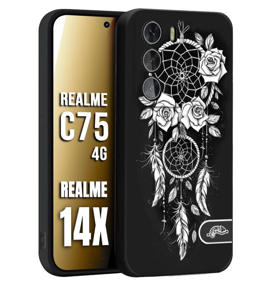 CUSTOMIZZA - Custodia cover nera morbida in tpu compatibile per Realme 14X - C75 4G acchiappasogni dreamcatcher black and white bianco a rilievo disegnato tattoo tatuaggio