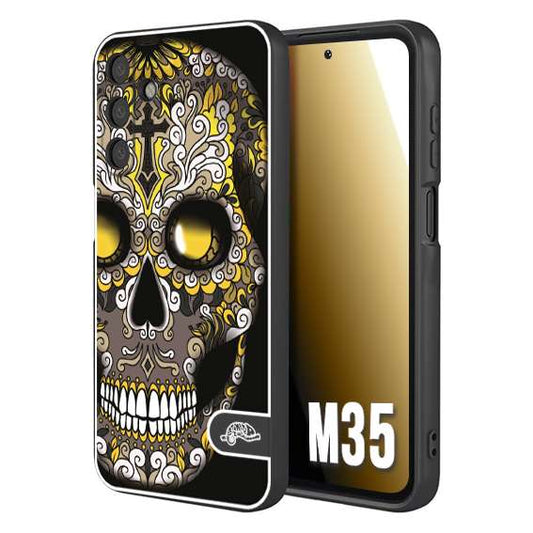 CUSTOMIZZA - Custodia cover nera morbida in tpu compatibile per Samsung M35 teschio messicano Mexican skull nero giallo