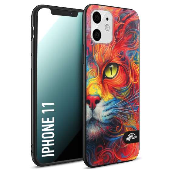 CUSTOMIZZA - Custodia cover nera morbida in tpu compatibile per iPhone 11 animali color cat gatto viso colori vibranti disegnato schizzo