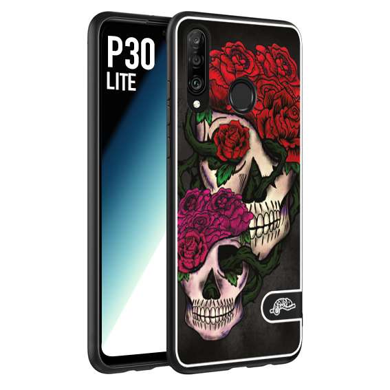 CUSTOMIZZA - Custodia cover nera morbida in tpu compatibile per Huawei P30 LITE teschi e rose rosse fucsia skull and roses