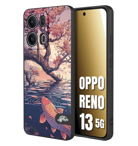 CUSTOMIZZA - Custodia cover nera morbida in tpu compatibile per Oppo Reno 13 5G giapponese lago carpa koi rosa con foglie d'acero disegnata tattoo