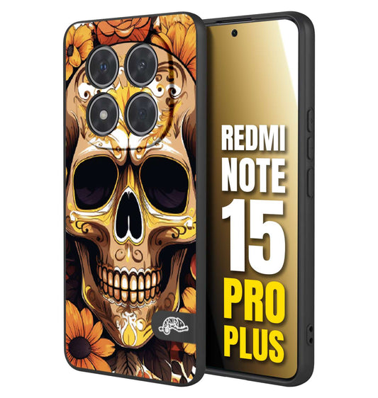 CUSTOMIZZA - Custodia cover nera morbida in tpu compatibile per Xiaomi Redmi Note 15 PRO PLUS teschio messicano colorato dorato fiori tattoo disegnato