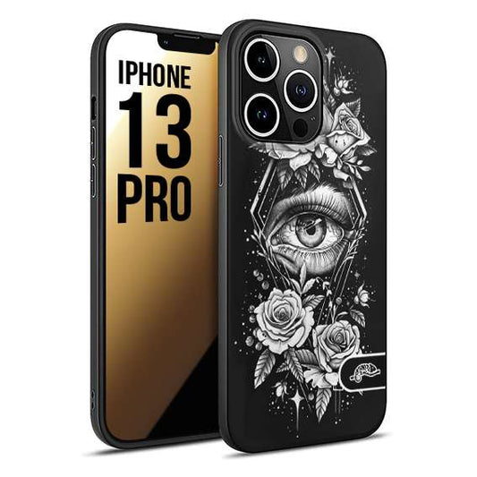 CUSTOMIZZA - Custodia cover nera morbida in tpu compatibile per iPhone 13 PRO occhio fiori rombo geometrico black and white bianco a rilievo disegnato tattoo tatuaggio