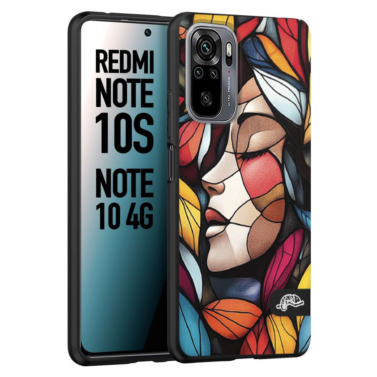 CUSTOMIZZA - Custodia cover nera morbida in tpu compatibile per Xiaomi Redmi Note 10S Vetrata artistica volto di donna profilo fogliare mosaico di vetro colorato