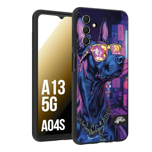 CUSTOMIZZA - Custodia cover nera morbida in tpu compatibile per Samsung A04S - A13 5G animali cyberpunk dobermann cane street dog fucsia blu night