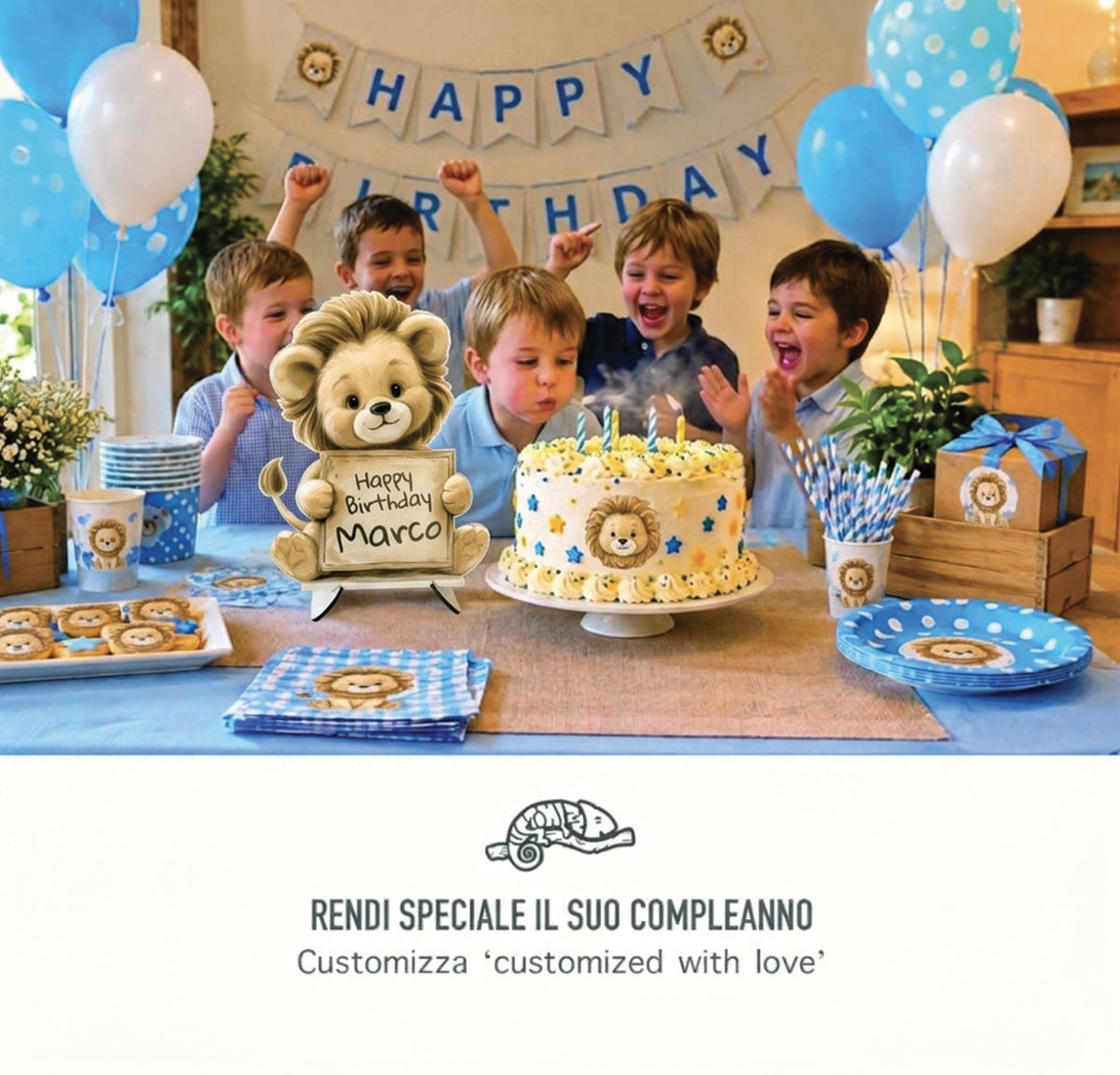 Quadro Sagomato in Legno MDF 4 mm Personalizzato con Nome per Foto Decorazione Torta e Tavolo Festa di Compleanno Fatto a Mano Design Leone Peluche
