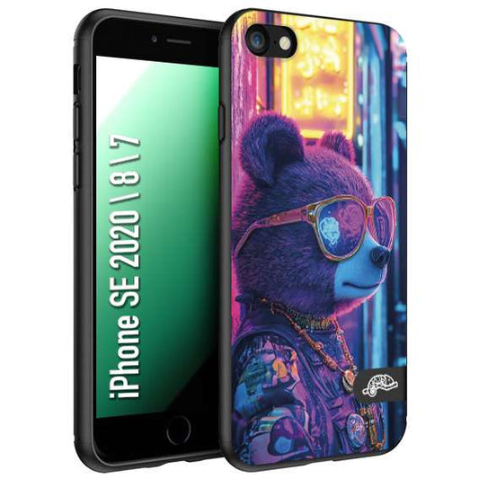 CUSTOMIZZA - Custodia cover nera morbida in tpu compatibile per iPhone 7 - 8 - SE 2020 / 2022 animali cyberpunk orsetto orso street bear fucsia blu night