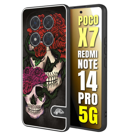 CUSTOMIZZA - Custodia cover nera morbida in tpu compatibile per Xiaomi Redmi Note 14 PRO 5G teschi e rose rosse fucsia skull and roses