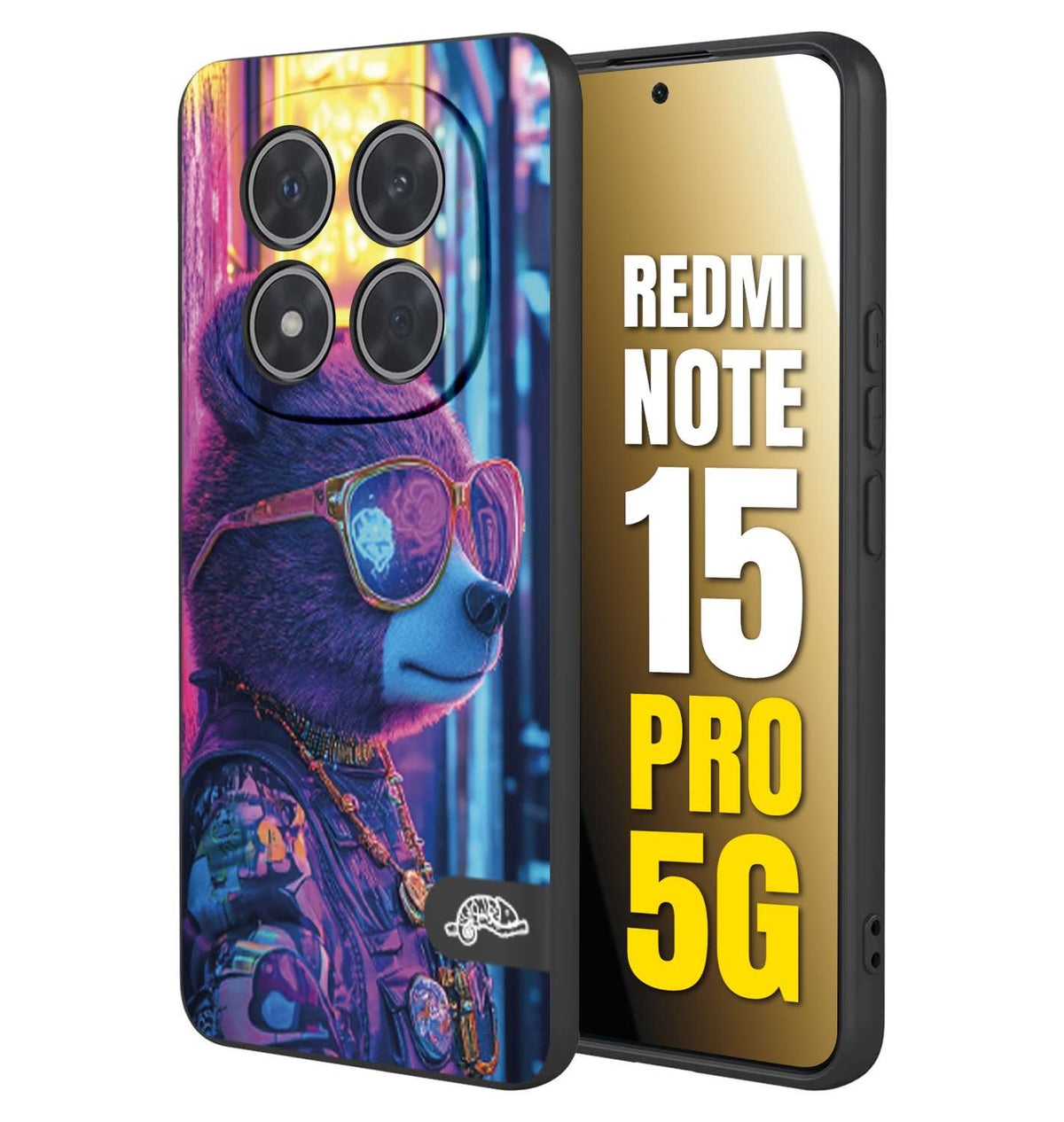 CUSTOMIZZA - Custodia cover nera morbida in tpu compatibile per Xiaomi Redmi Note 15 PRO 5G animali cyberpunk orsetto orso street bear fucsia blu night