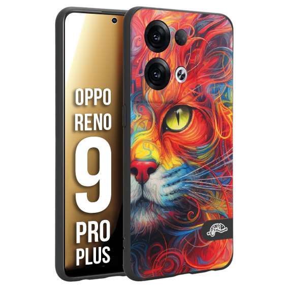 CUSTOMIZZA - Custodia cover nera morbida in tpu compatibile per Oppo Reno 9 PRO PLUS animali color cat gatto viso colori vibranti disegnato schizzo