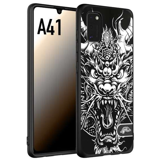 CUSTOMIZZA - Custodia cover nera morbida in tpu compatibile per Samsung A41 drago black and white bianco a rilievo disegnato tattoo tatuaggio