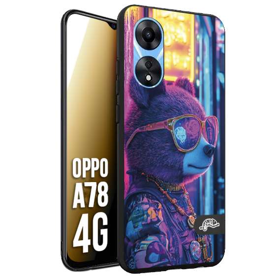 CUSTOMIZZA - Custodia cover nera morbida in tpu compatibile per Oppo A78 4G animali cyberpunk orsetto orso street bear fucsia blu night