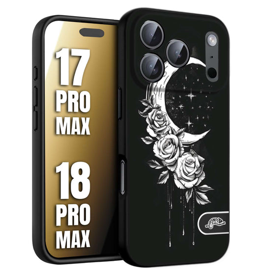 CUSTOMIZZA - Custodia cover nera morbida in tpu compatibile per iPhone 17 PRO MAX - 18 PRO MAX luna e fiori moon flowers black and white bianco a rilievo disegnato
