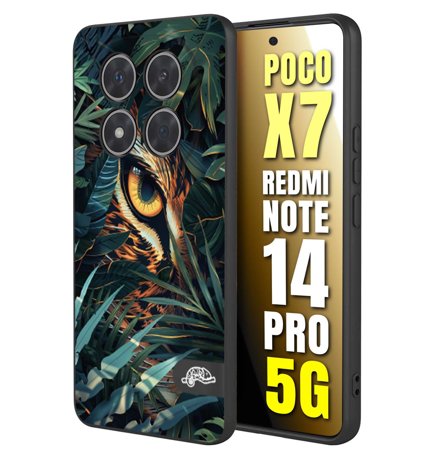 CUSTOMIZZA - Custodia cover nera morbida in tpu compatibile per Xiaomi Redmi Note 14 PRO 5G animali color giungla tropicale occhio di giaguaro felino disegnato