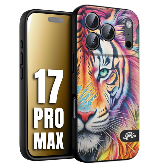 CUSTOMIZZA - Custodia cover nera morbida in tpu compatibile per iPhone 17 PRO MAX animali color tigre tiger viso colori vibranti disegnato schizzo