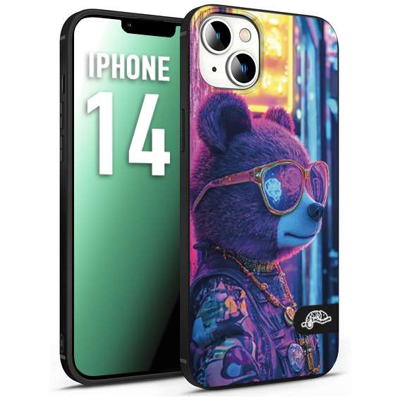 CUSTOMIZZA - Custodia cover nera morbida in tpu compatibile per iPhone 14 animali cyberpunk orsetto orso street bear fucsia blu night