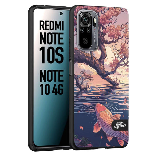 CUSTOMIZZA - Custodia cover nera morbida in tpu compatibile per Xiaomi Redmi Note 10S giapponese lago carpa koi rosa con foglie d'acero disegnata tattoo