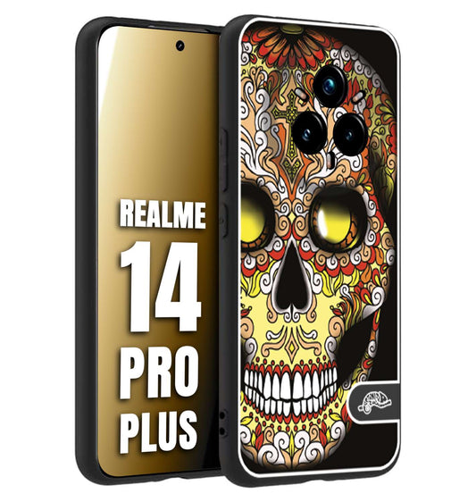 CUSTOMIZZA - Custodia cover nera morbida in tpu compatibile per Realme 14 PRO PLUS teschio messicano Mexican skull giallo rosso arancio