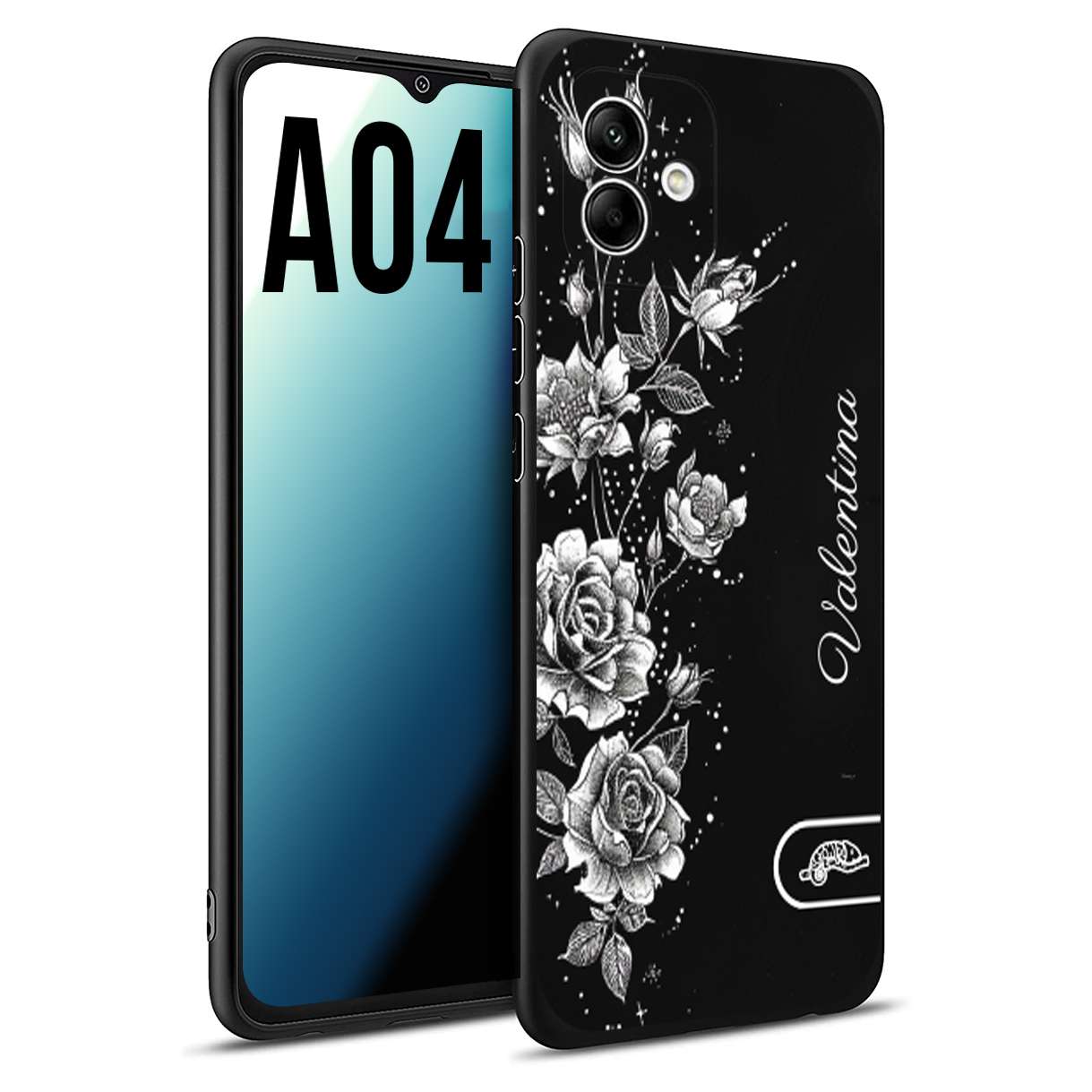 CUSTOMIZZA - Custodia cover nera morbida in tpu compatibile per Samsung A04 a rilievo soft touch personalizzata nome rose fiori donna