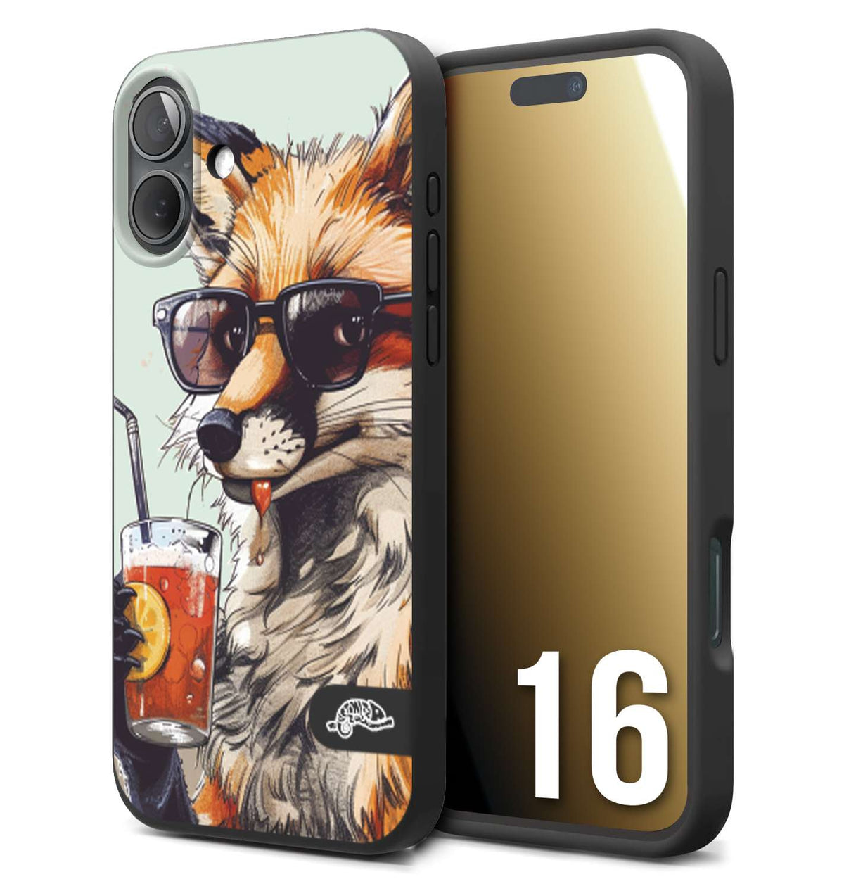CUSTOMIZZA - Custodia cover nera morbida in tpu compatibile per iPhone 16 estate disegnata cocktails animali simpatici fox volpe negroni