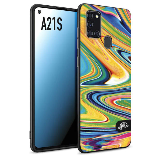 CUSTOMIZZA - Custodia cover nera morbida in tpu compatibile per Samsung A21S colorata fantasia vortice marmo arcobaleno gialla verde blu