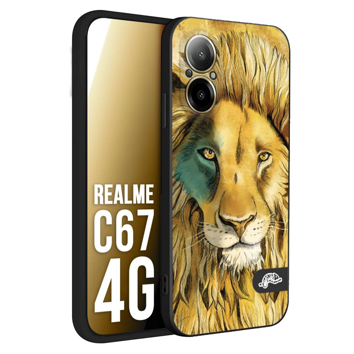 CUSTOMIZZA - Custodia cover nera morbida in tpu compatibile per Realme C67 4G leone lion disegnato a mano giallo blu a rilievo artistico brown