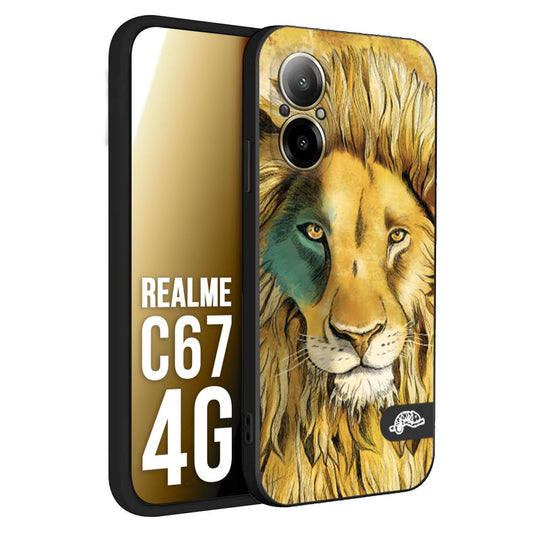 CUSTOMIZZA - Custodia cover nera morbida in tpu compatibile per Realme C67 4G leone lion disegnato a mano giallo blu a rilievo artistico brown