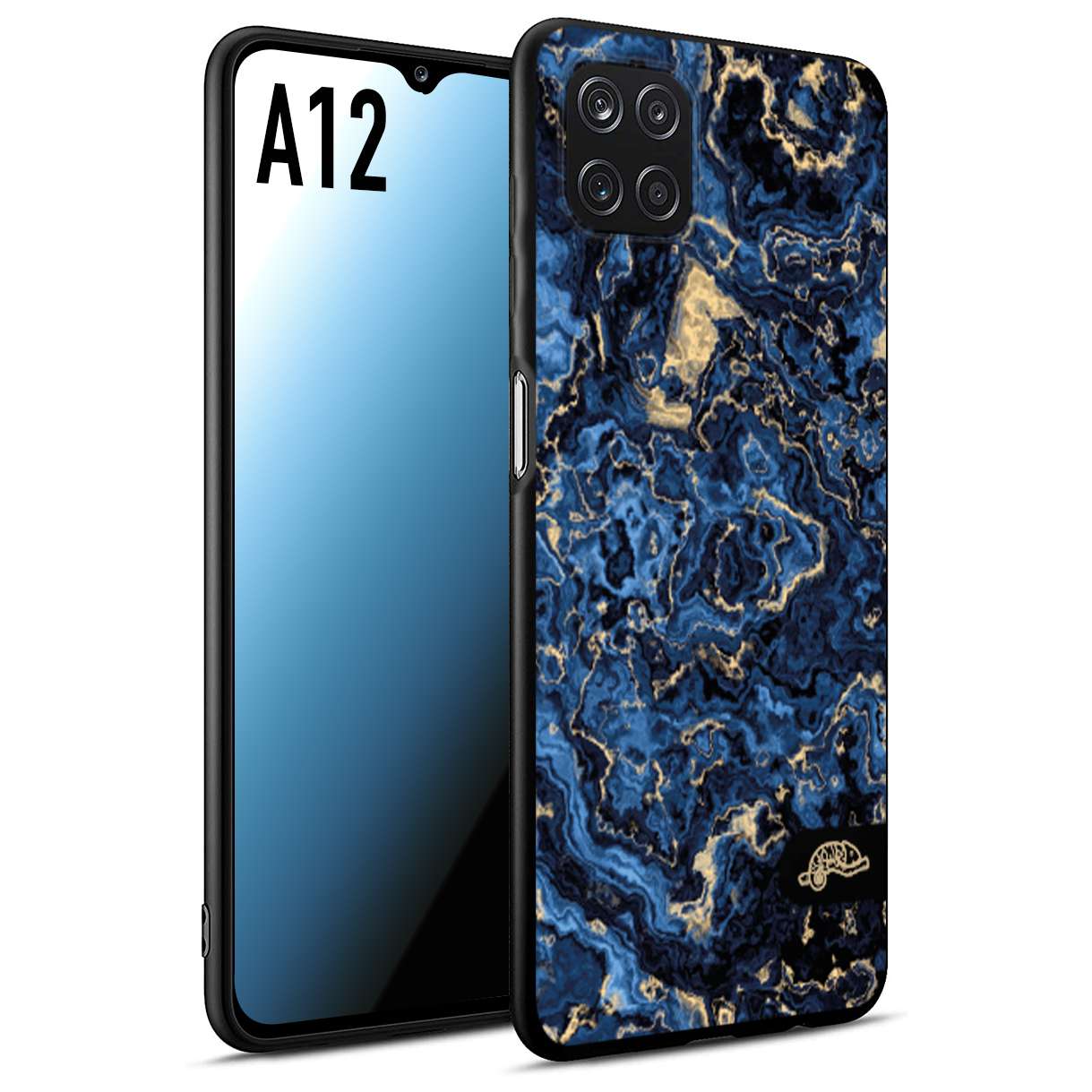 CUSTOMIZZA - Custodia cover nera morbida in tpu compatibile per Samsung A12 effetto marmo marble blu venature dorato psichedelico