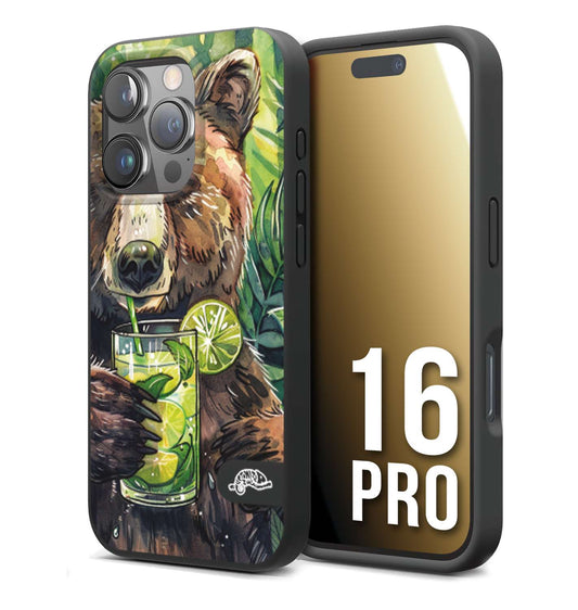 CUSTOMIZZA - Custodia cover nera morbida in tpu compatibile per iPhone 16 PRO estate disegnata cocktails animali simpatici orso bear negroni