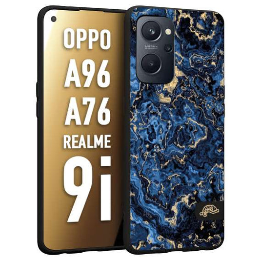 CUSTOMIZZA - Custodia cover nera morbida in tpu compatibile per Oppo Realme 9i - A96 - A76 effetto marmo marble blu venature dorato psichedelico