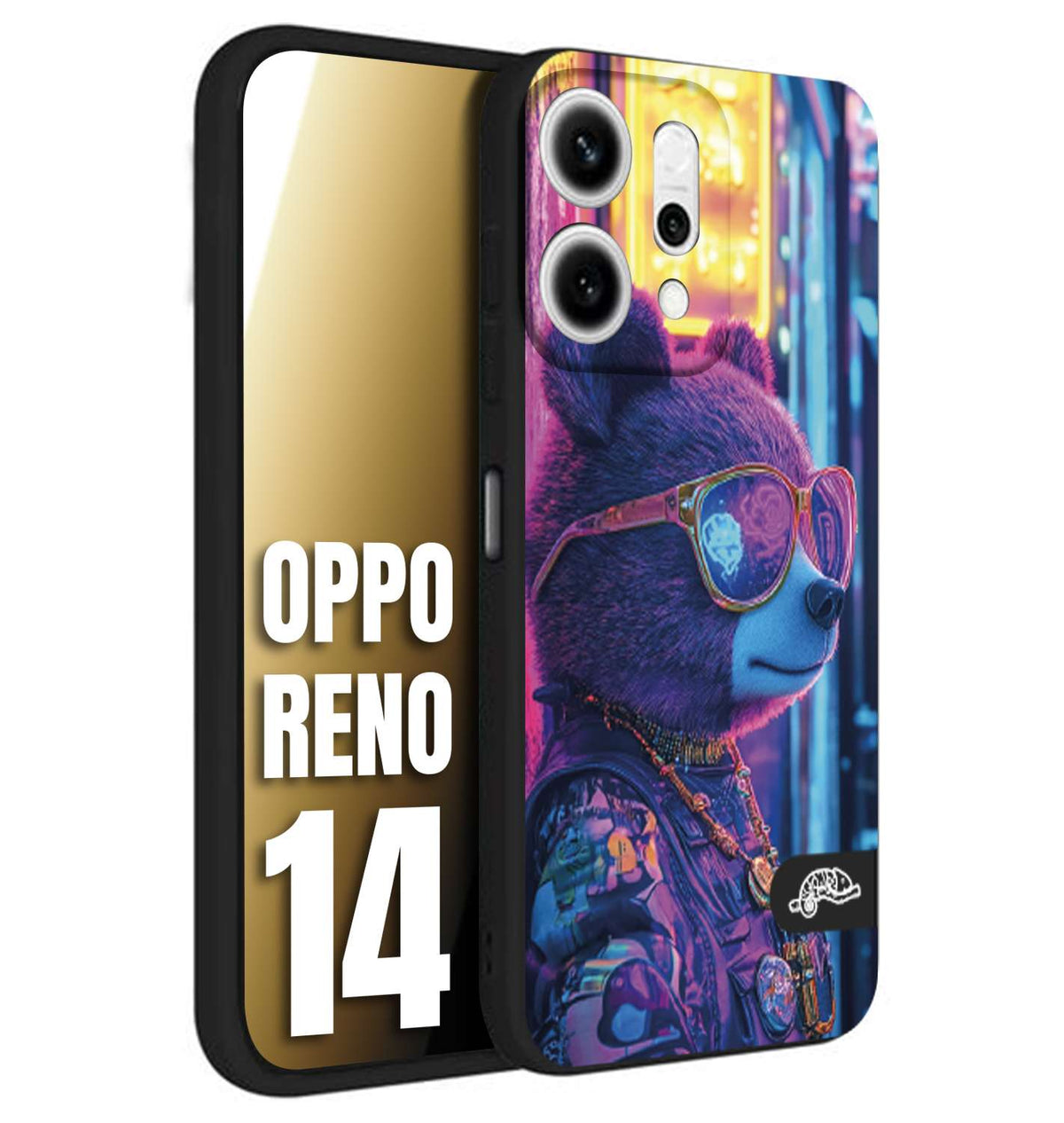 CUSTOMIZZA - Custodia cover nera morbida in tpu compatibile per Oppo Reno 14 animali cyberpunk orsetto orso street bear fucsia blu night