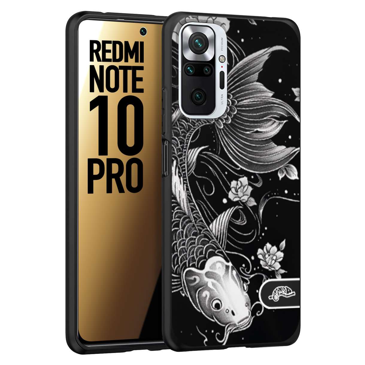 CUSTOMIZZA - Custodia cover nera morbida in tpu compatibile per Xiaomi Redmi Note 10 PRO carpa koi black and white bianco a rilievo disegnato tattoo tatuaggio