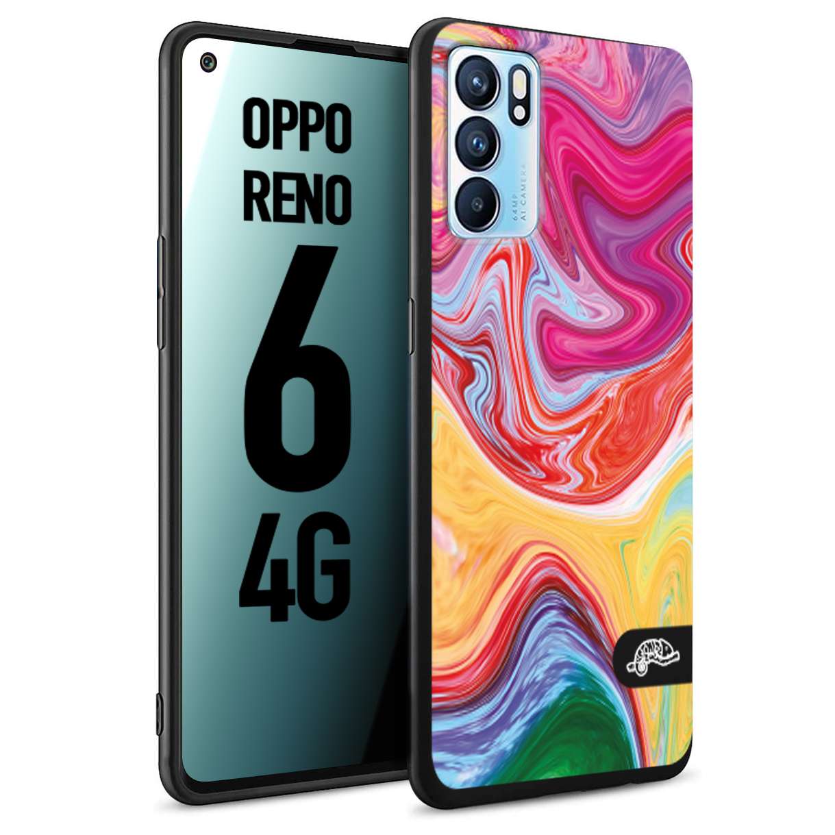 CUSTOMIZZA - Custodia cover nera morbida in tpu compatibile per Oppo Reno 6 4G colorata fantasia vortice marmo onde verde fucsia gialla