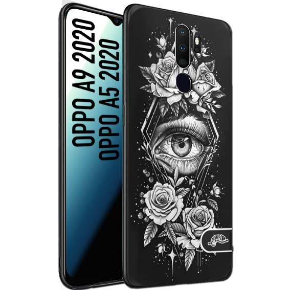 CUSTOMIZZA - Custodia cover nera morbida in tpu compatibile per Oppo A9 2020 - A5 2020 occhio fiori rombo geometrico black and white bianco a rilievo disegnato tattoo tatuaggio