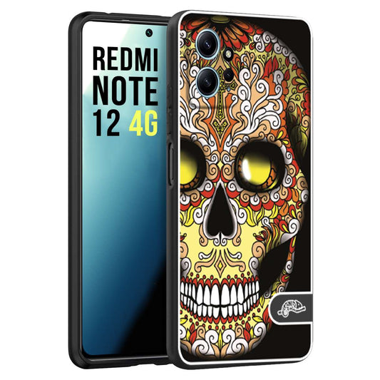 CUSTOMIZZA - Custodia cover nera morbida in tpu compatibile per Xiaomi Redmi Note 12 4G teschio messicano Mexican skull giallo rosso arancio
