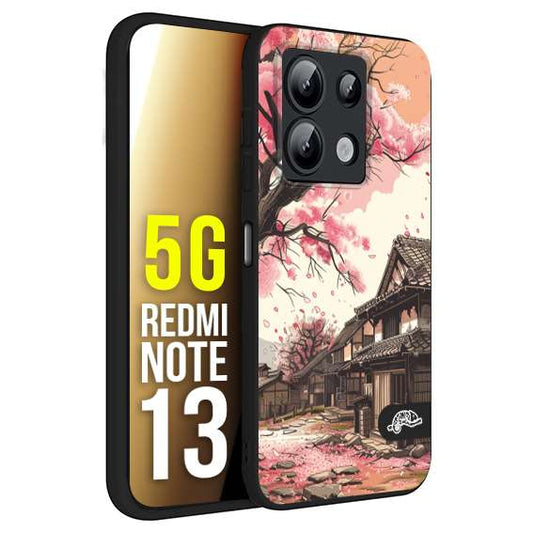 CUSTOMIZZA - Custodia cover nera morbida in tpu compatibile per Xiaomi Redmi Note 13 5G casa giapponese rosa ciliegio in fiore disegnata tattoo