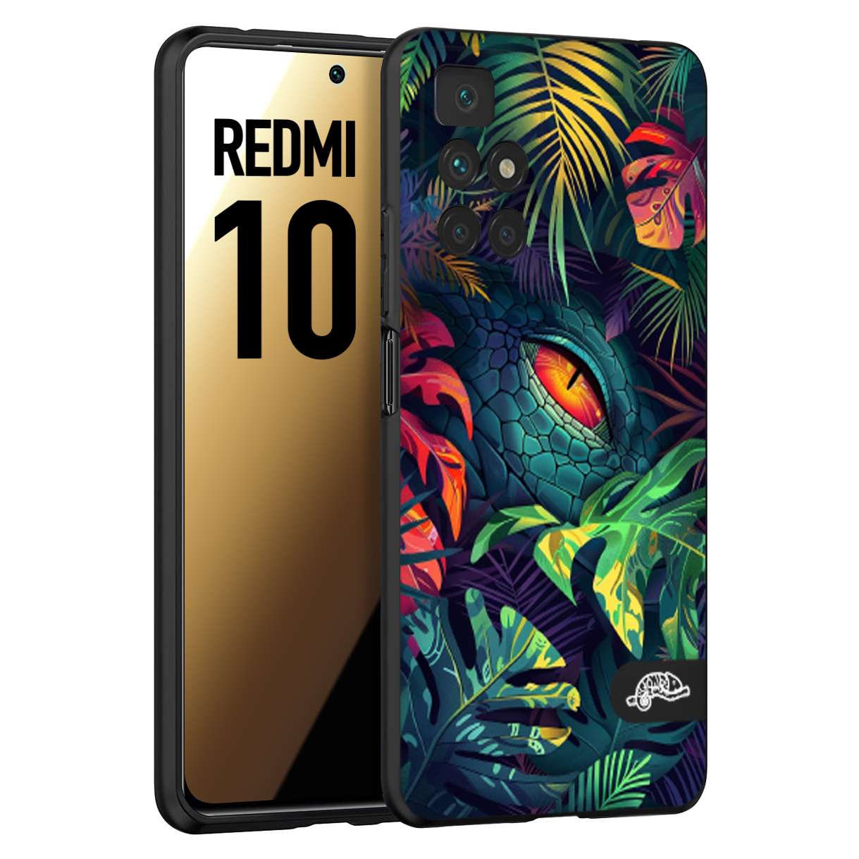 CUSTOMIZZA - Custodia cover nera morbida in tpu compatibile per Xiaomi Redmi 10 animali color giungla tropicale occhio di coccodrillo alligatore disegnato
