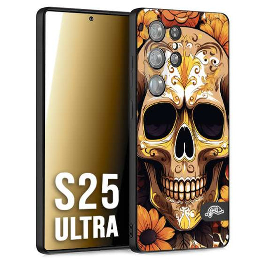 CUSTOMIZZA - Custodia cover nera morbida in tpu compatibile per Samsung S25 ULTRA teschio messicano colorato dorato fiori tattoo disegnato