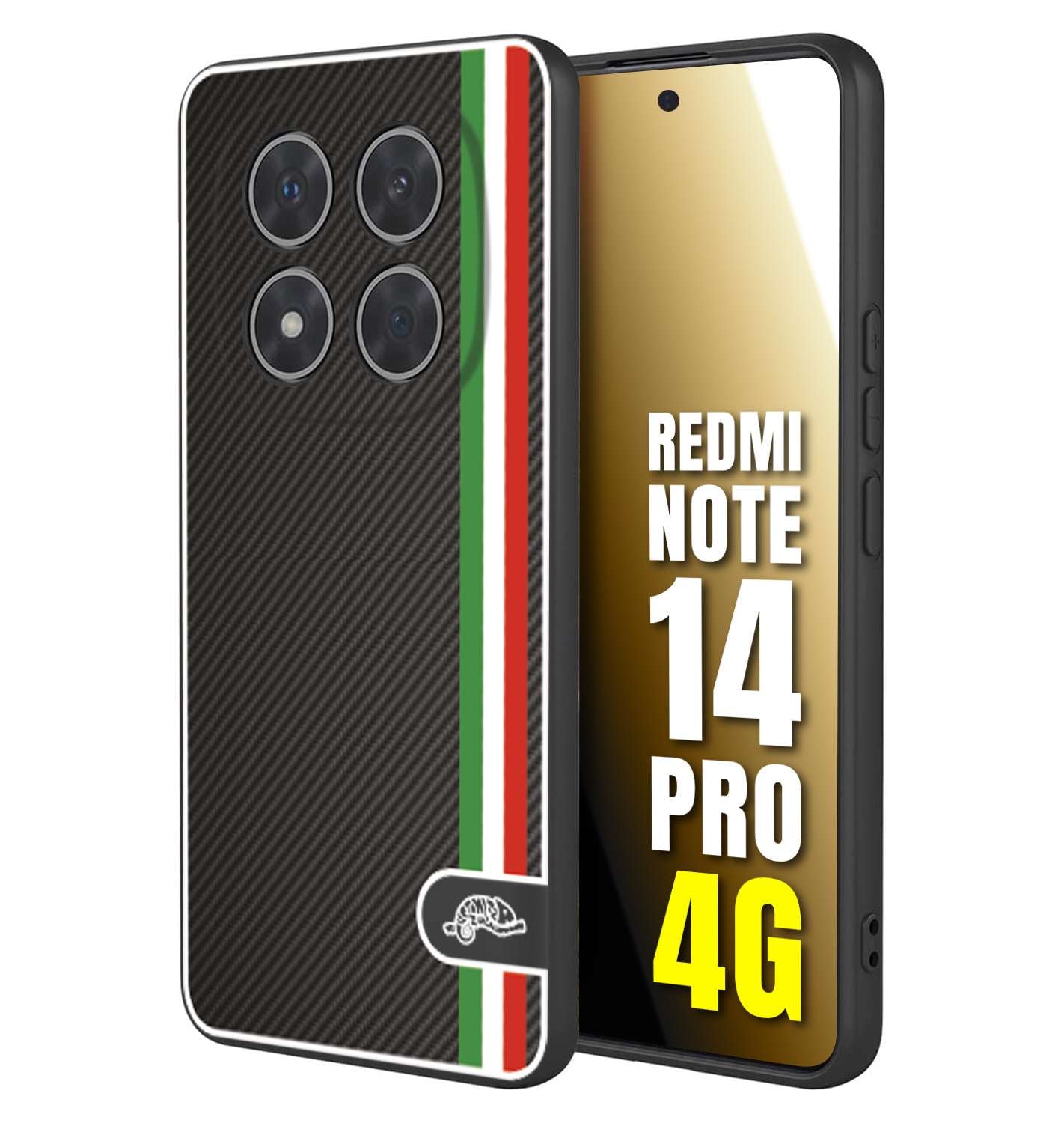 CUSTOMIZZA - Custodia cover nera morbida in tpu compatibile per Xiaomi Redmi Note 14 PRO 4G effetto fibra di carbonio bandiera Italia made in Italy