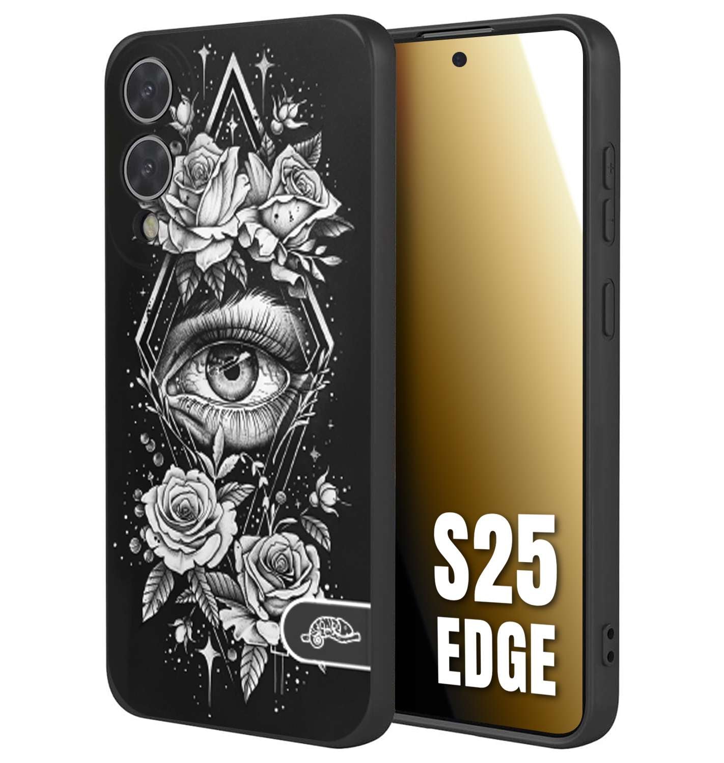 CUSTOMIZZA - Custodia cover nera morbida in tpu compatibile per Samsung S25 EDGE occhio fiori rombo geometrico black and white bianco a rilievo disegnato tattoo tatuaggio
