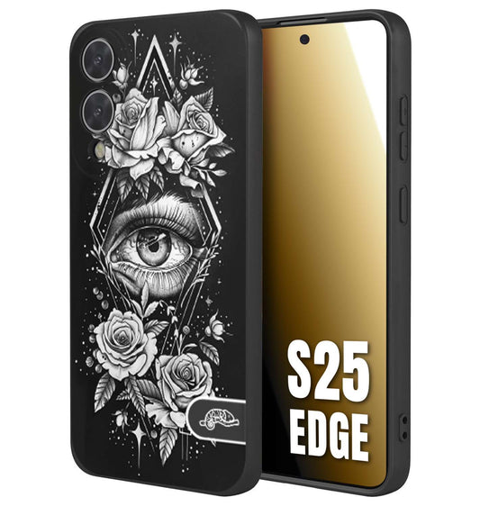 CUSTOMIZZA - Custodia cover nera morbida in tpu compatibile per Samsung S25 EDGE occhio fiori rombo geometrico black and white bianco a rilievo disegnato tattoo tatuaggio
