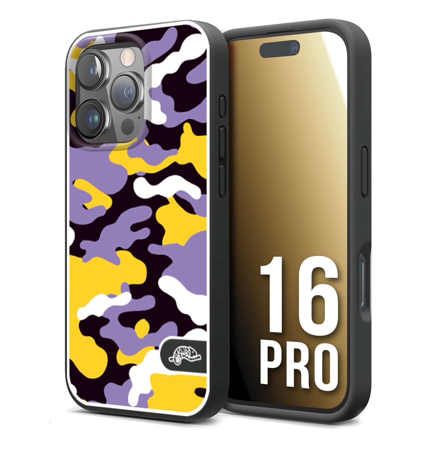 CUSTOMIZZA - Custodia cover nera morbida in tpu compatibile per iPhone 16 PRO camouflage mimetico militare viola lilla giallo