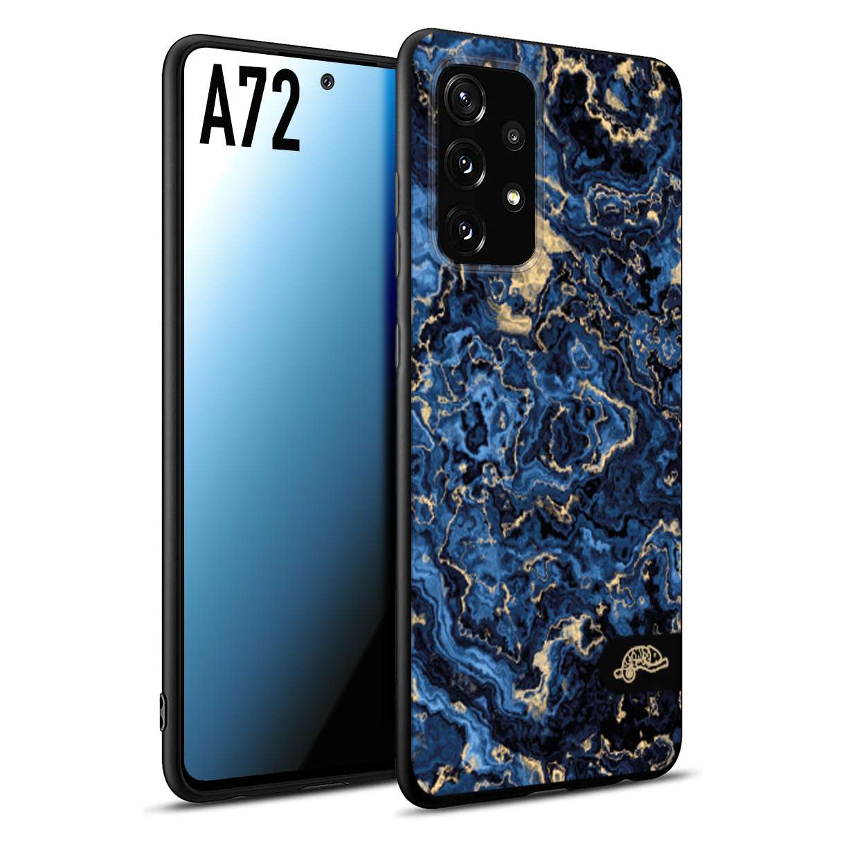 CUSTOMIZZA - Custodia cover nera morbida in tpu compatibile per Samsung A72 effetto marmo marble blu venature dorato psichedelico