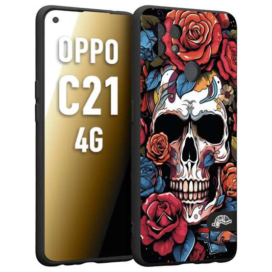 CUSTOMIZZA - Custodia cover nera morbida in tpu compatibile per Realme C21 4G teschio skull flowers fiori rose rosse tattoo disegnato