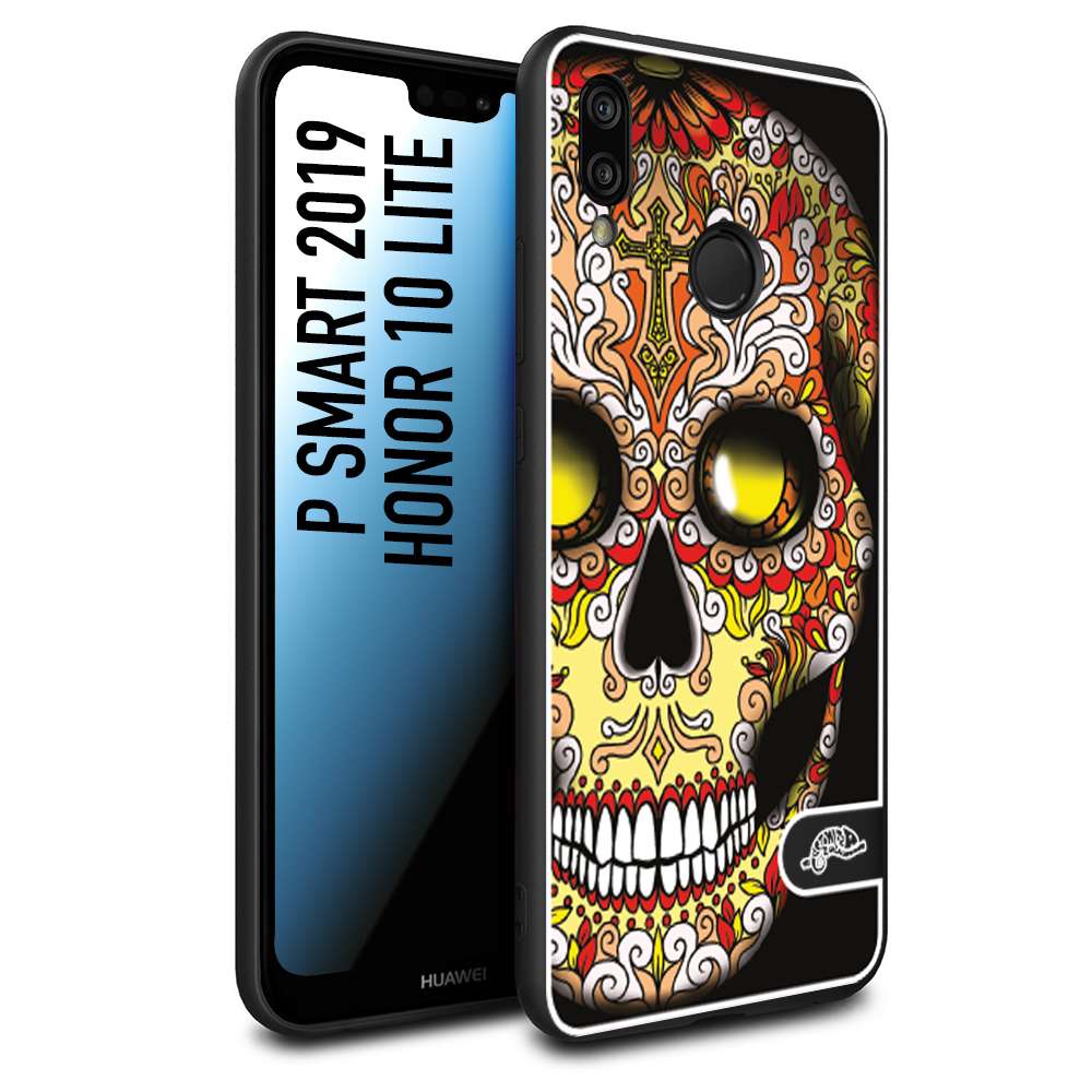 CUSTOMIZZA - Custodia cover nera morbida in tpu compatibile per Huawei P Smart 2019 teschio messicano Mexican skull giallo rosso arancio