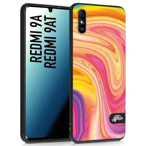 CUSTOMIZZA - Custodia cover nera morbida in tpu compatibile per Xiaomi Redmi 9A - 9AT colorata fantasia vortice marmo onde rosa fucsia gialla