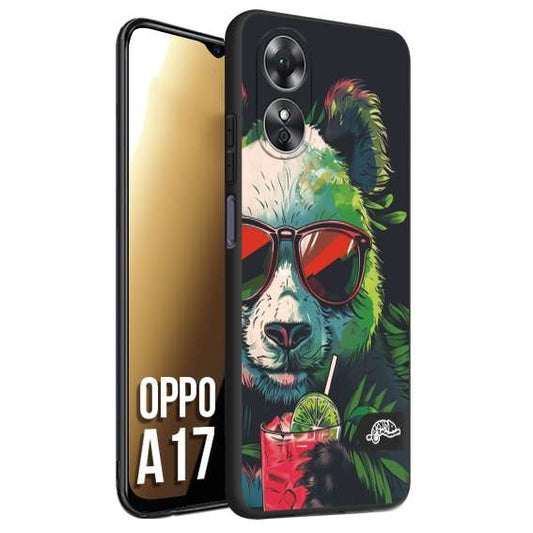 CUSTOMIZZA - Custodia cover nera morbida in tpu compatibile per Oppo A17 estate disegnata cocktails animali simpatici panda mojito